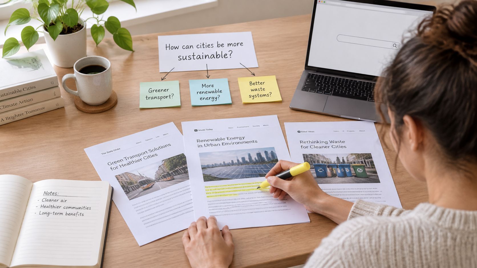 A person researches sustainable city solutions with notes, documents, and a laptop on a wooden desk.