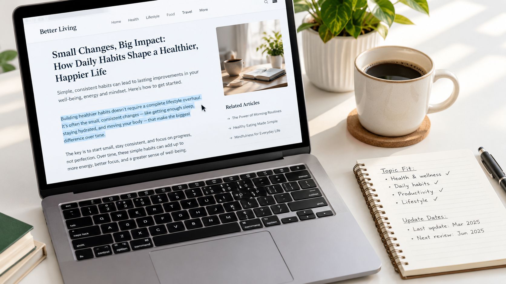 A laptop screen displaying an article about healthy daily habits sitting next to a notebook.