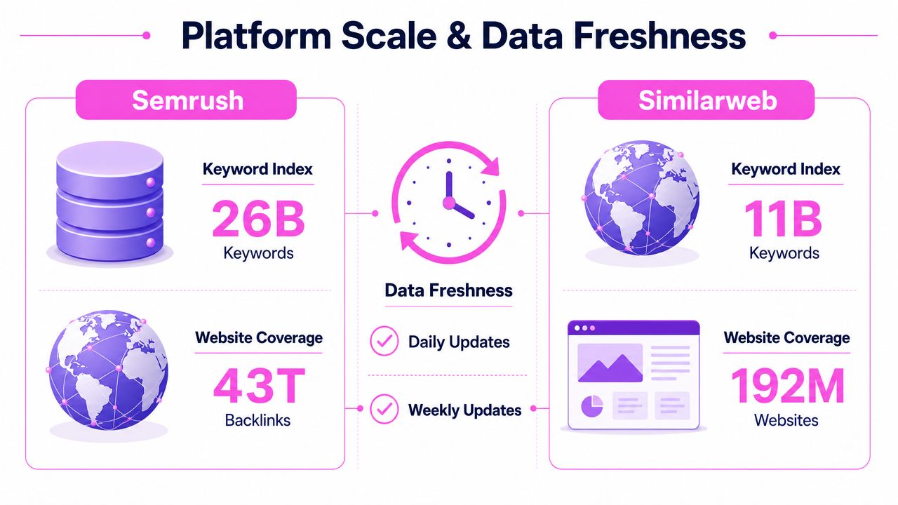 A comparative infographic showing the platform scale and data freshness between Semrush and Similarweb data metrics.