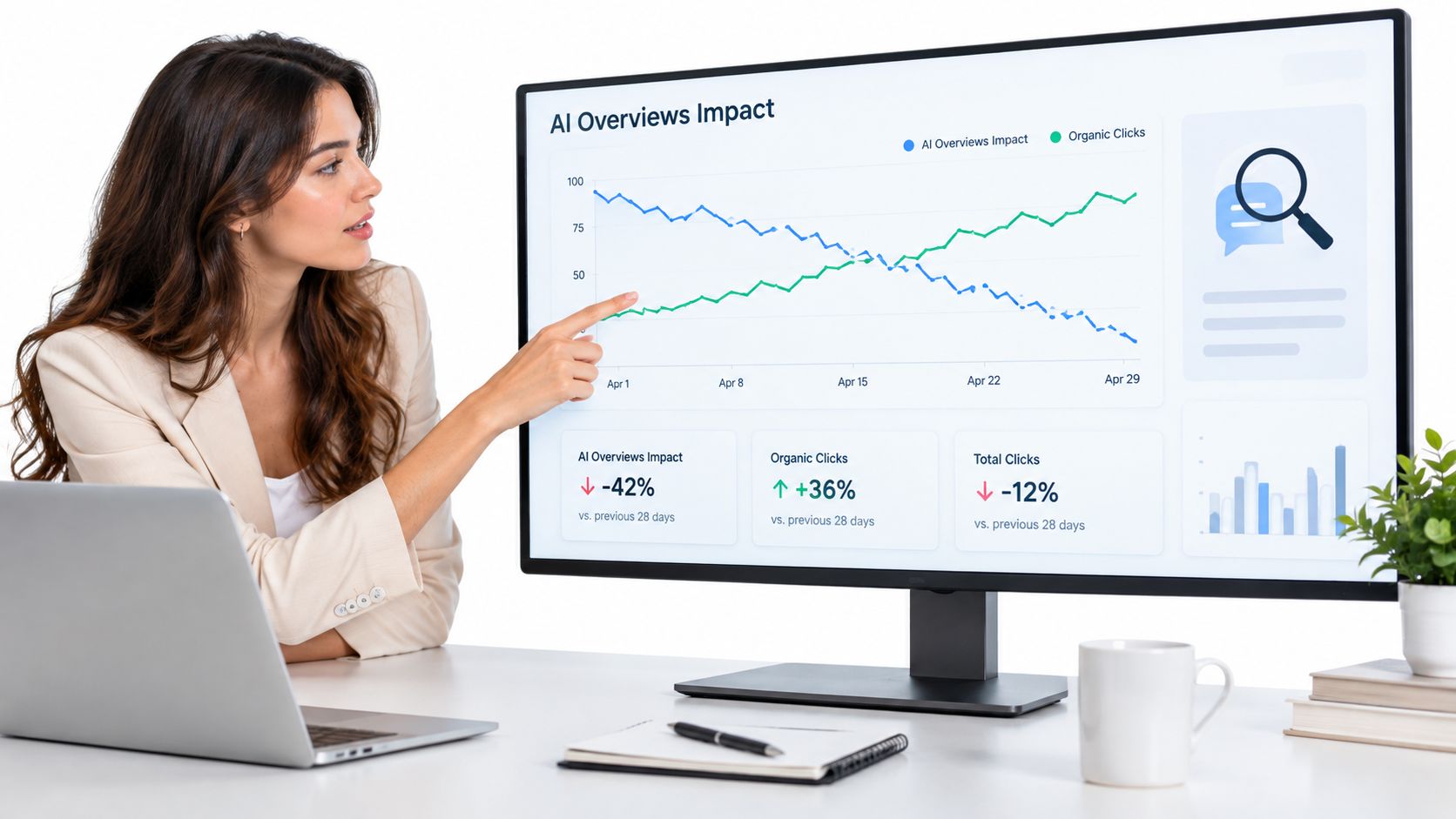 A professional woman in a blazer pointing at a computer monitor displaying digital SEO performance metrics.