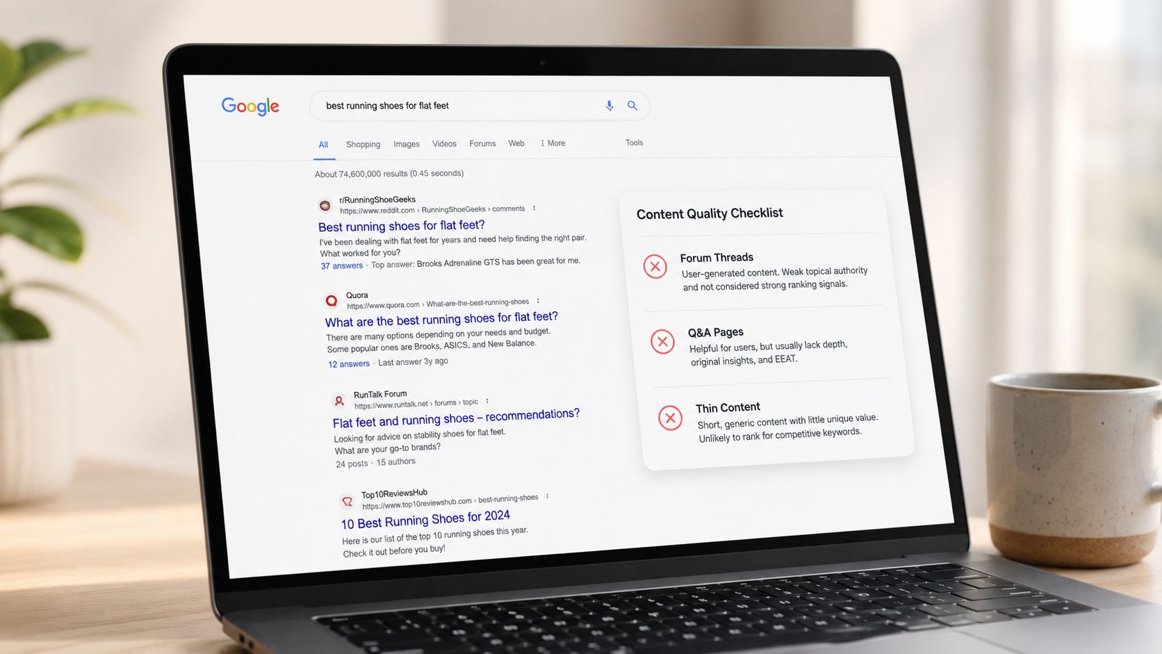 A laptop screen displaying a Google search for running shoes alongside a content quality checklist infographic.