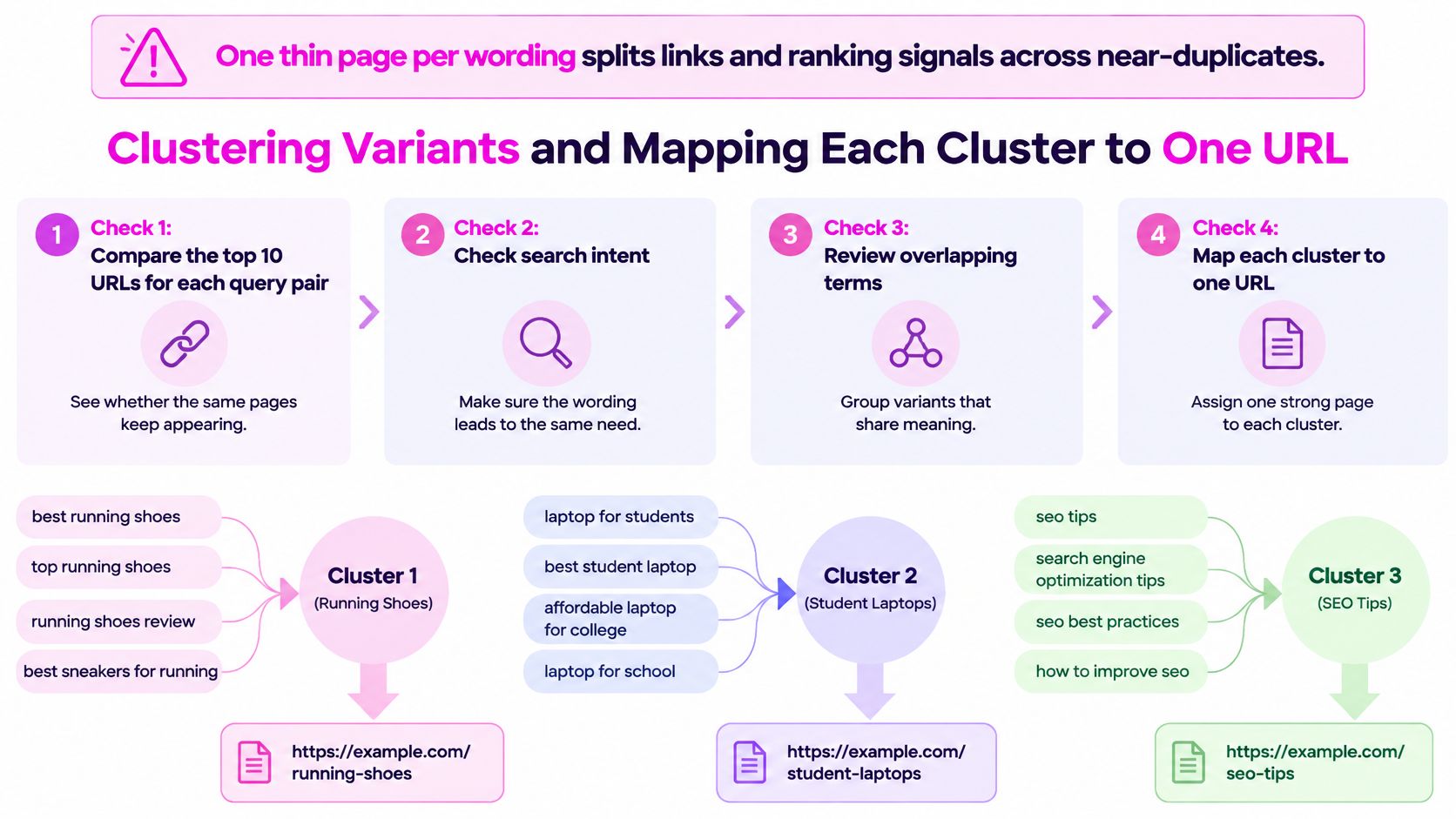A flowchart explaining how to cluster similar search queries and map them to one SEO-optimized URL.