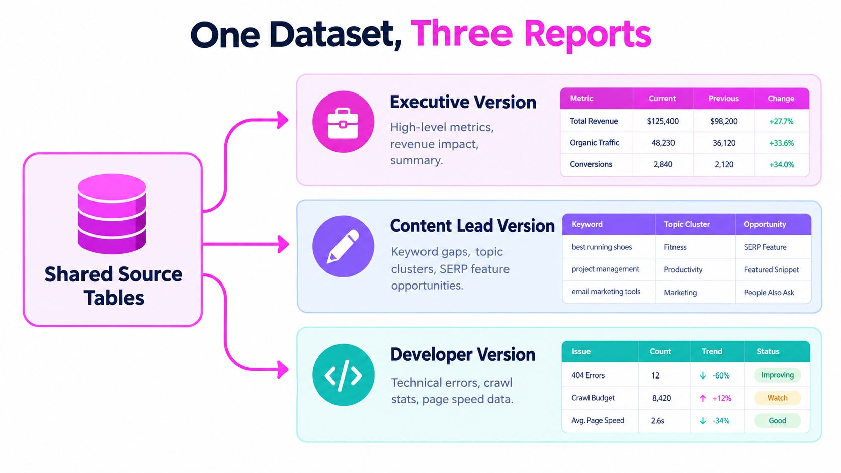 A diagram illustrating how one shared dataset powers three different SEO reporting formats for executives, leads, and developers.