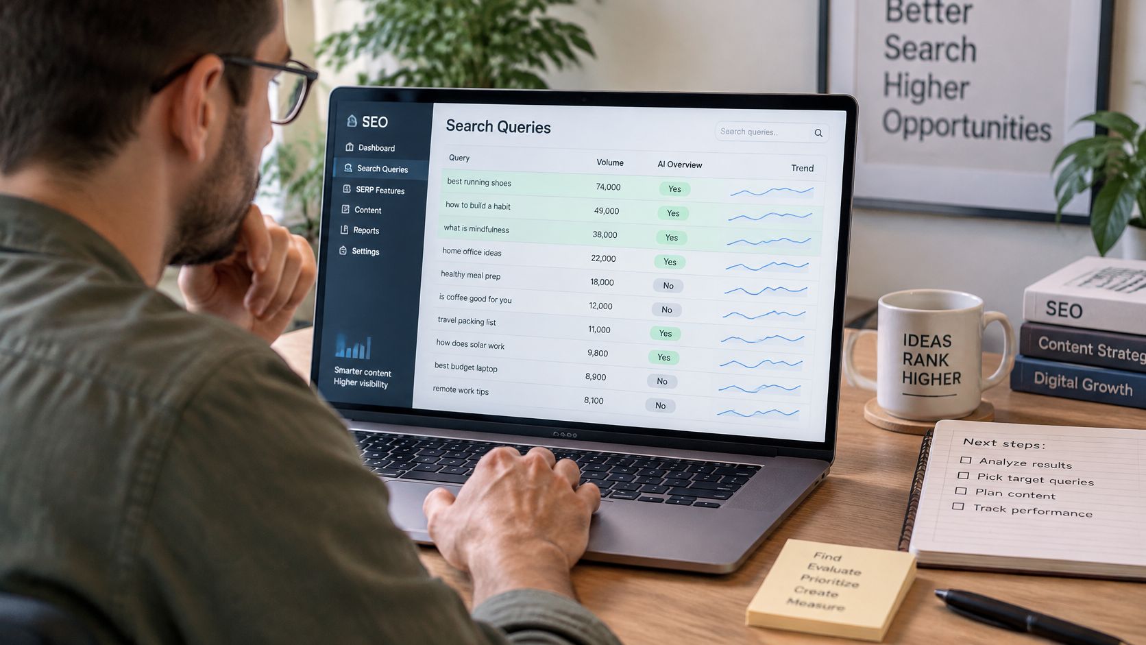 A professional analyzing SEO search query data with AI overviews on a laptop screen in an office.