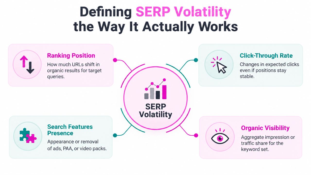 A diagram defining SERP volatility through ranking position, click-through rate, search features presence, and organic visibility.