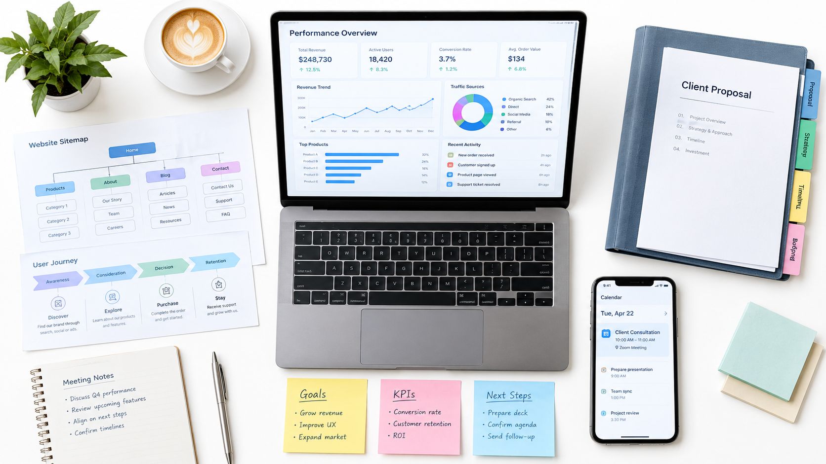 A professional flatlay showing a laptop with performance analytics, notes, calendar app, and a project proposal.