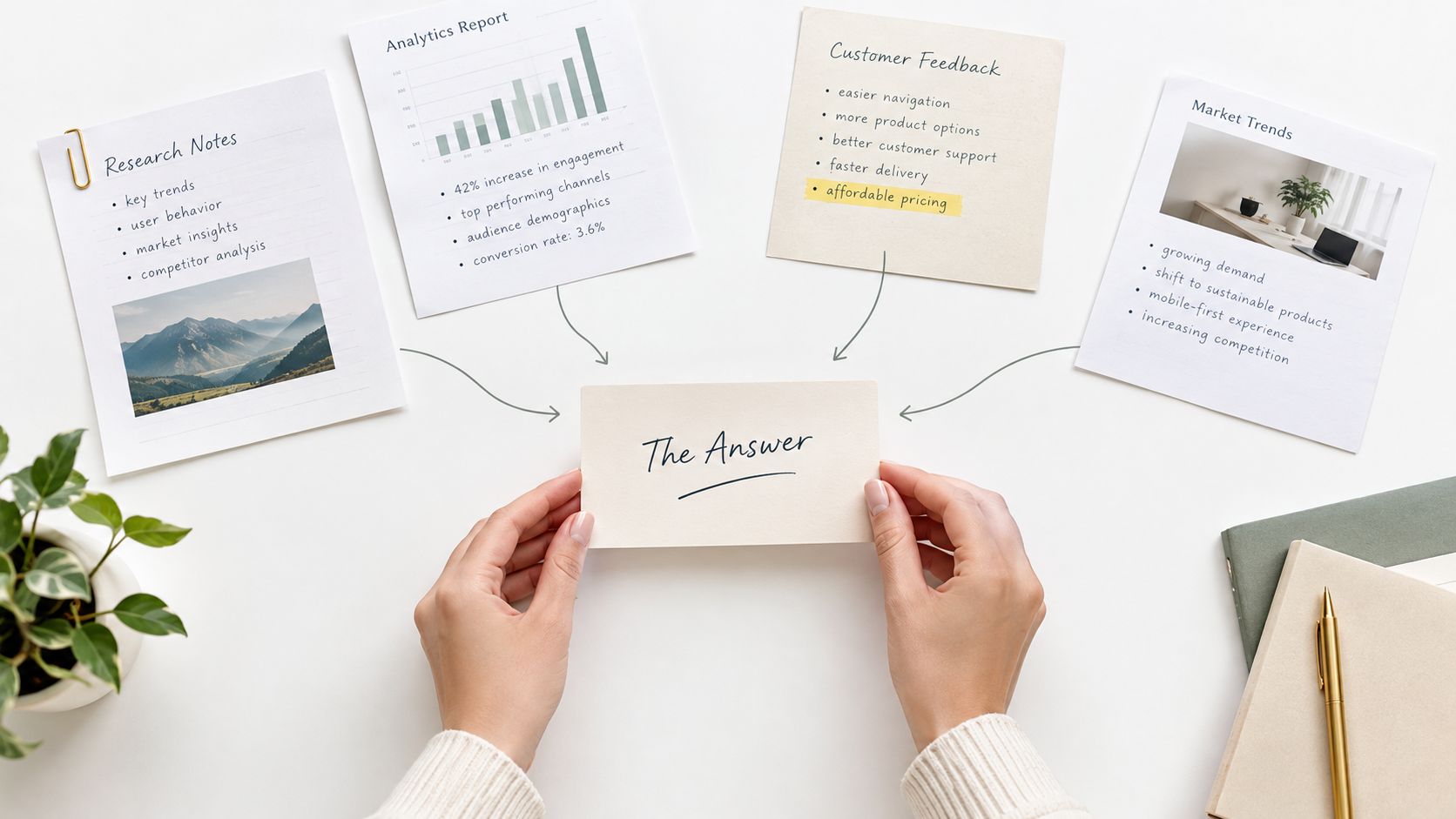 Hands holding a card labeled The Answer surrounded by documents with business research and analytical data.