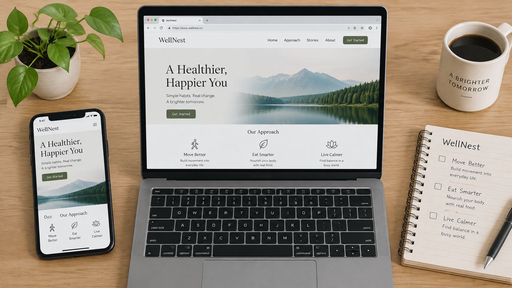 A modern workspace showing a smartphone, laptop, and notebook displaying wellness website branding and content.