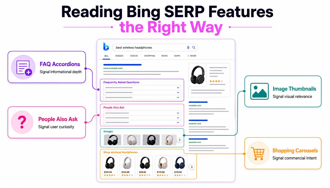 An infographic illustrating various Bing SERP features including FAQ accordions, people also ask, image thumbnails, and shopping carousels.