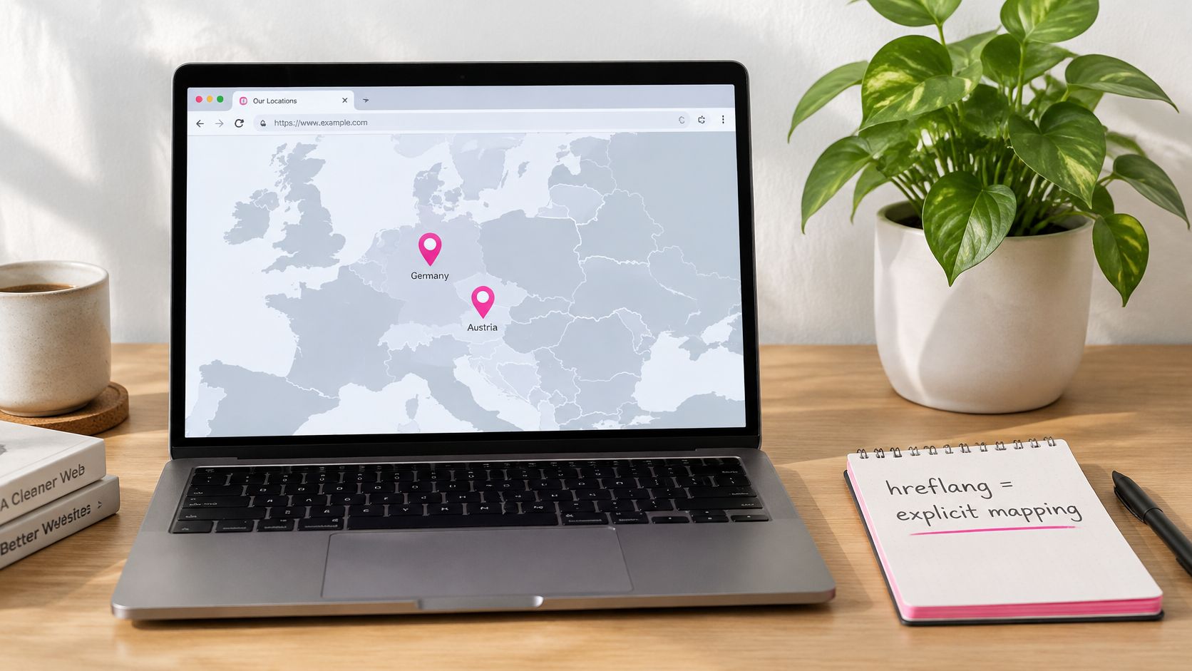 A laptop on a wooden desk displaying a map of Europe with markers for Germany and Austria.