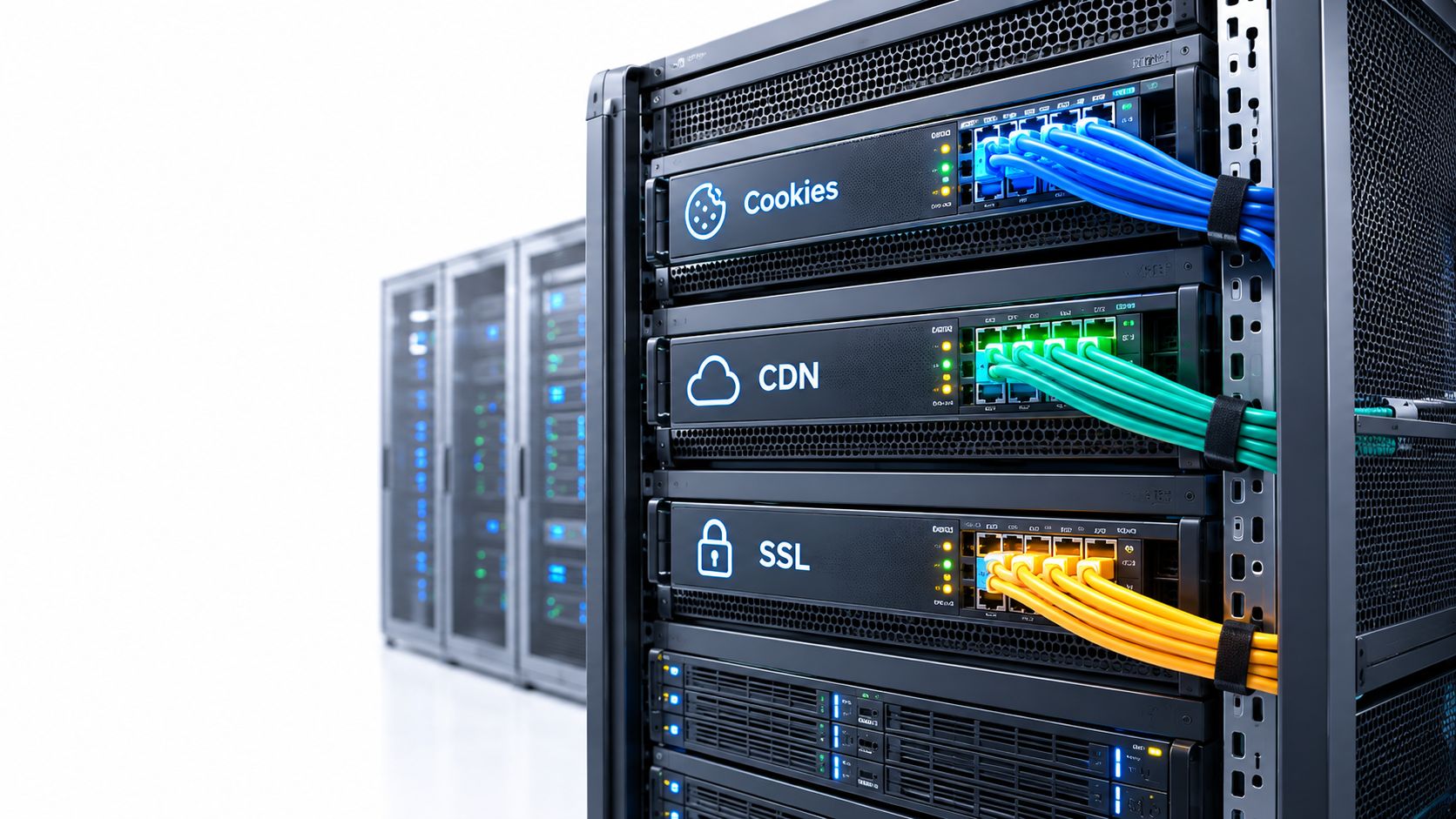 A server rack in a data center labeled with Cookies, CDN, and SSL for web server infrastructure.