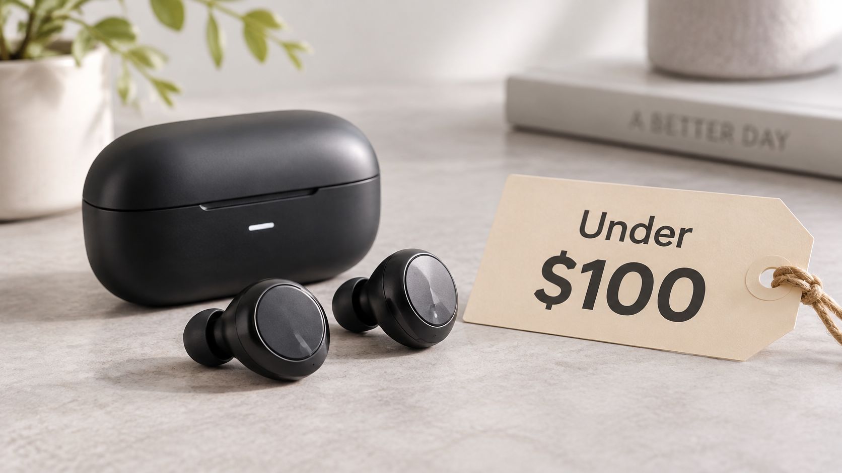 A black pair of wireless earbuds and their charging case displayed next to an Under $100 price tag.