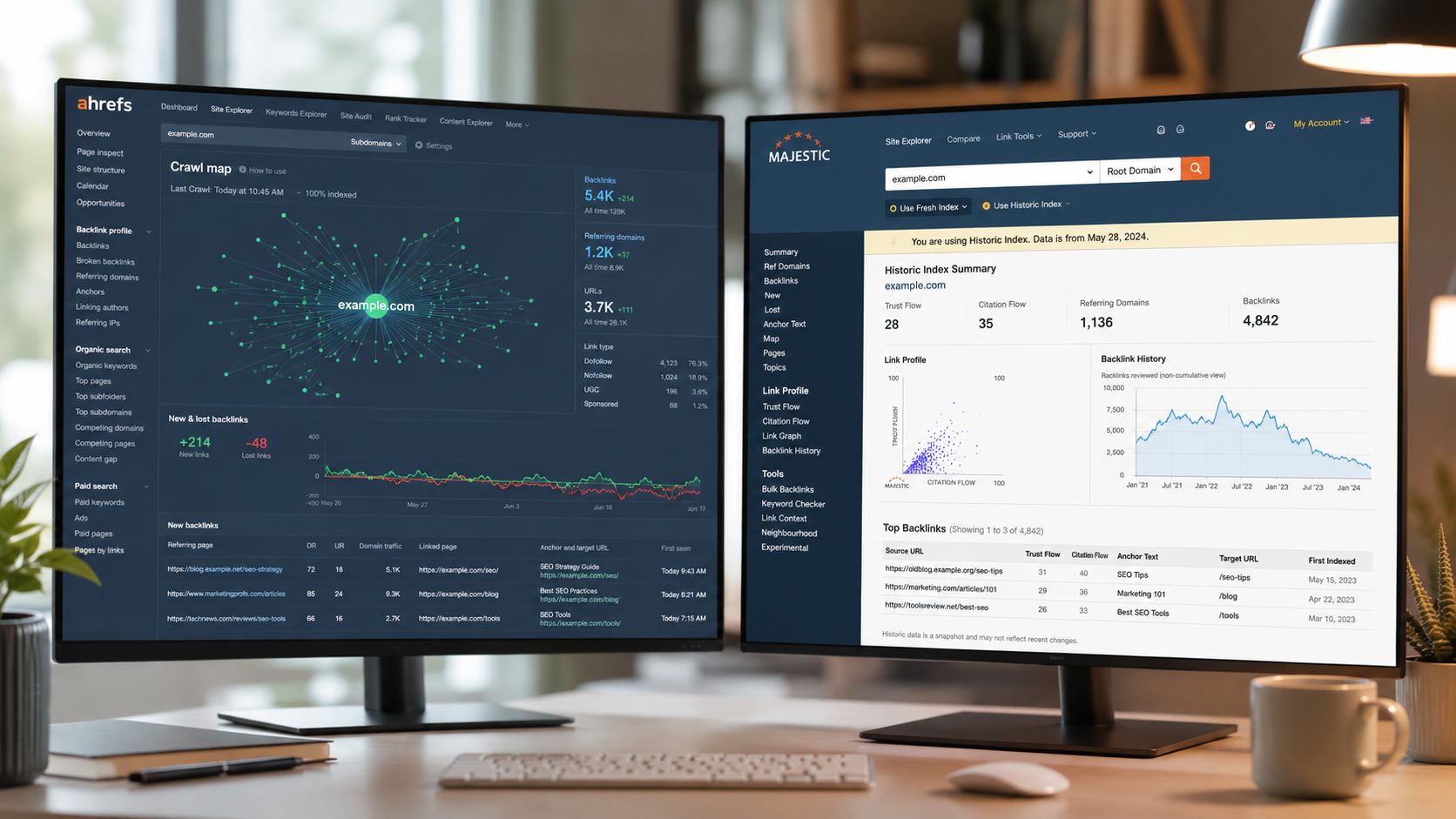 Zwei Computermonitore nebeneinander, die Ahrefs- und Majestic-SEO-Dashboard-Daten für die Website-Analyse anzeigen.