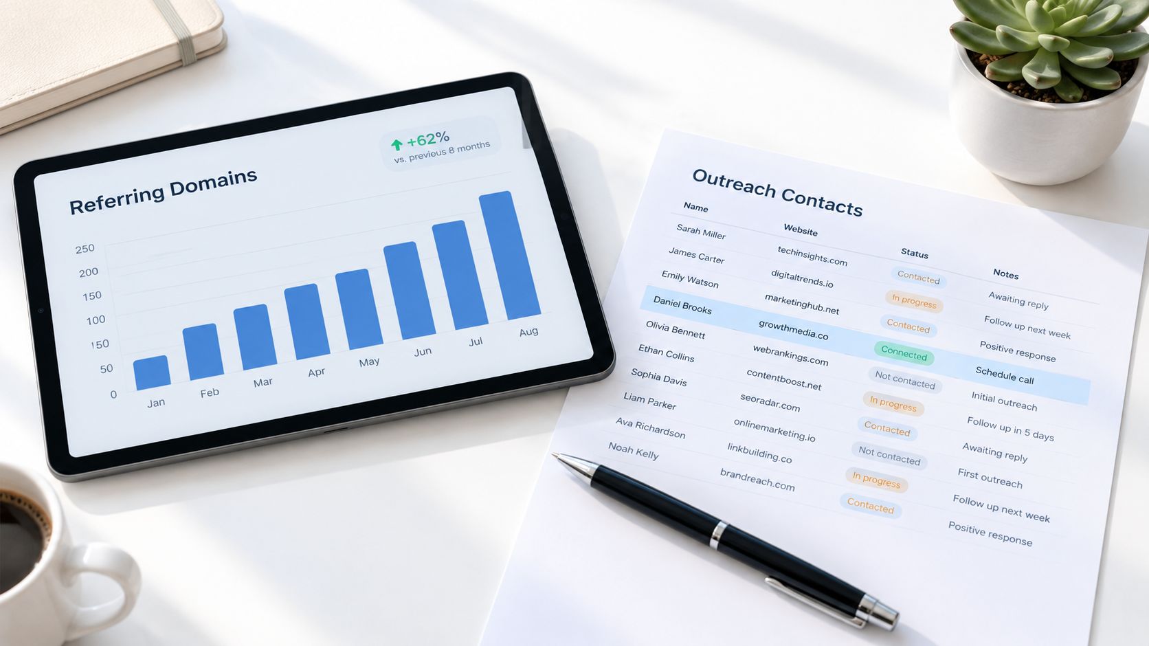 A workspace featuring a tablet displaying a growth chart for referring domains and a contact list.