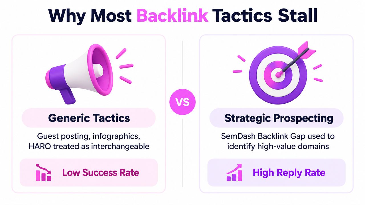 A comparison graphic showing why generic backlink tactics have a low success rate versus strategic prospecting.