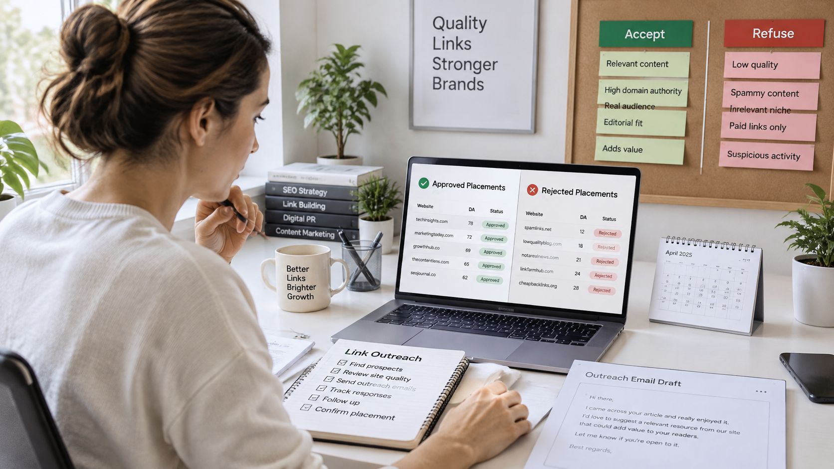 A professional managing SEO link outreach strategies on a laptop at a bright, organized office workspace.