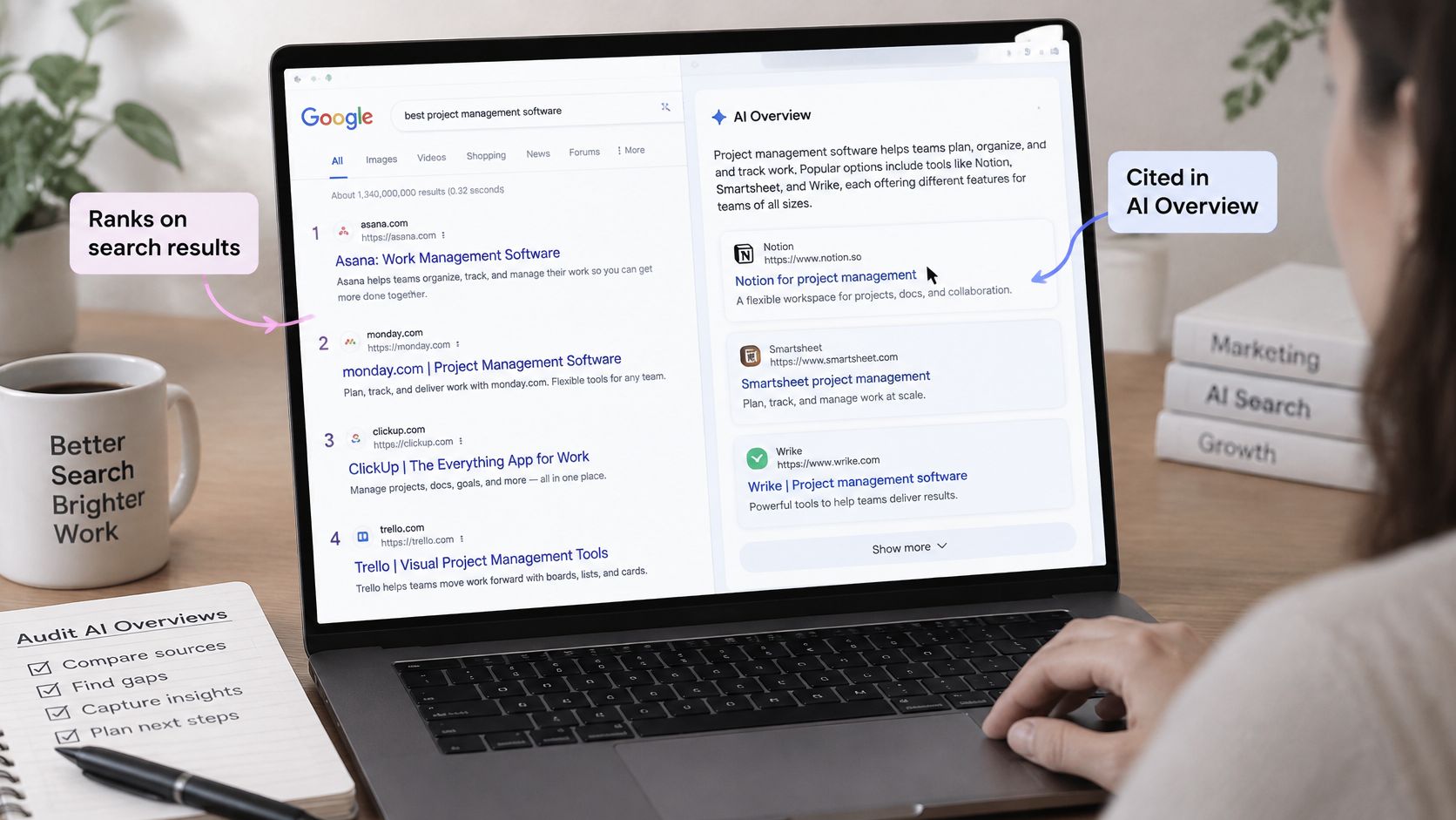 A person using a laptop to view a Google search results page featuring an AI Overview panel.