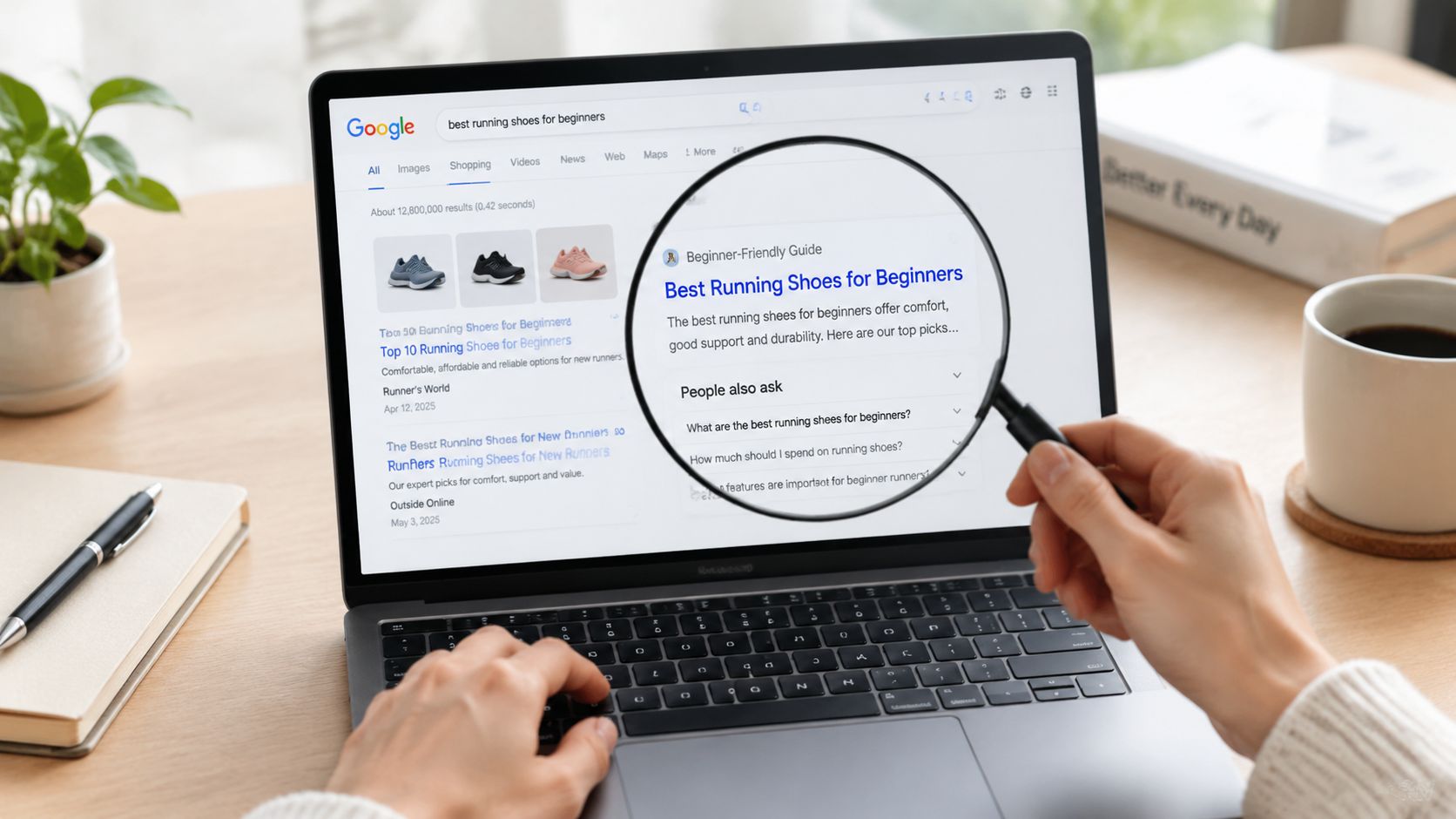A person using a magnifying glass to examine search results for best running shoes on a laptop.