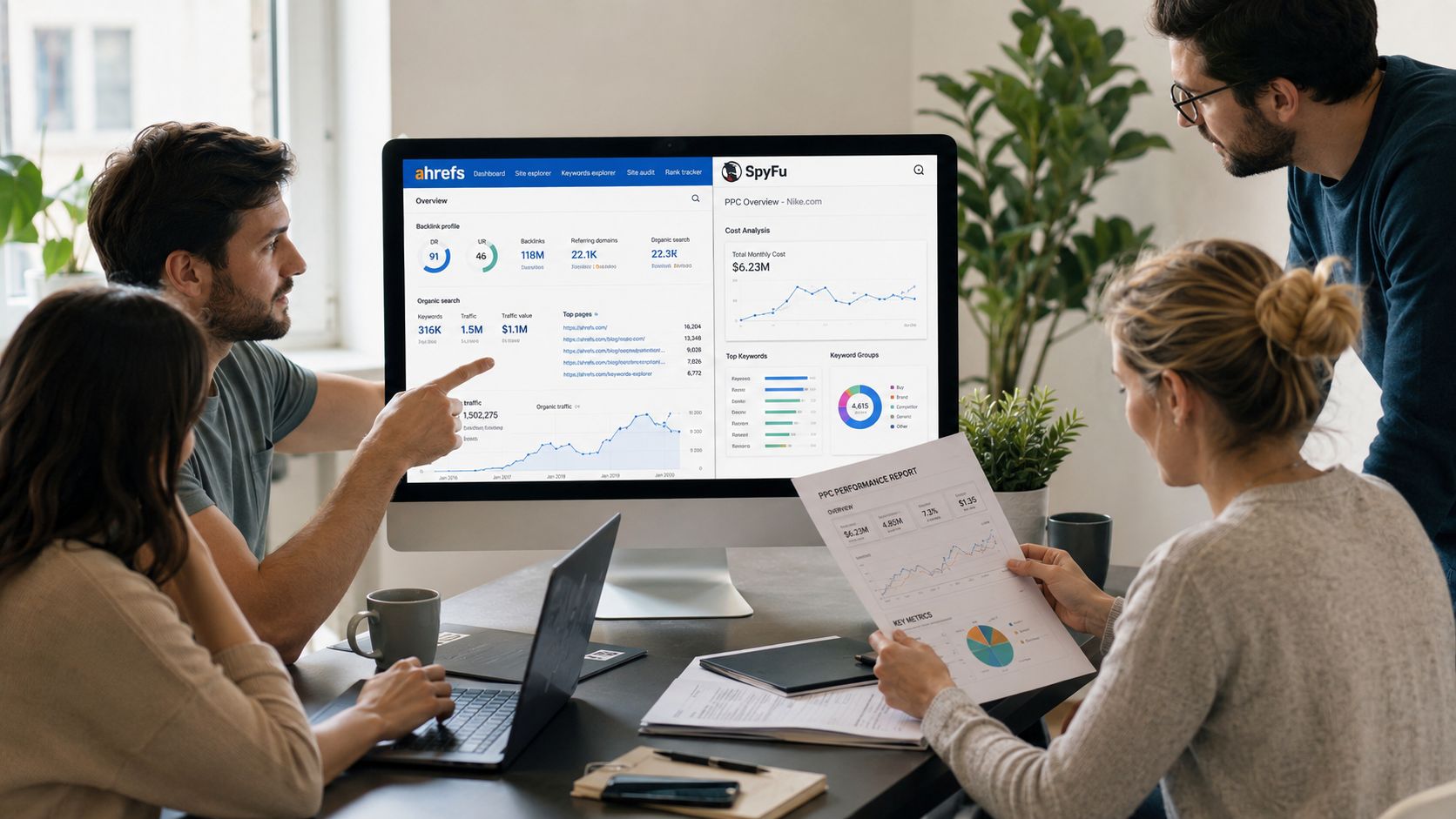 A professional team discussing marketing data on computer screens and paper reports in a modern office.