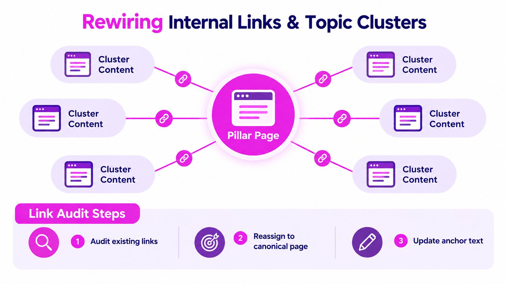 A diagram illustrating how to organize internal links between a central pillar page and various cluster content pages.