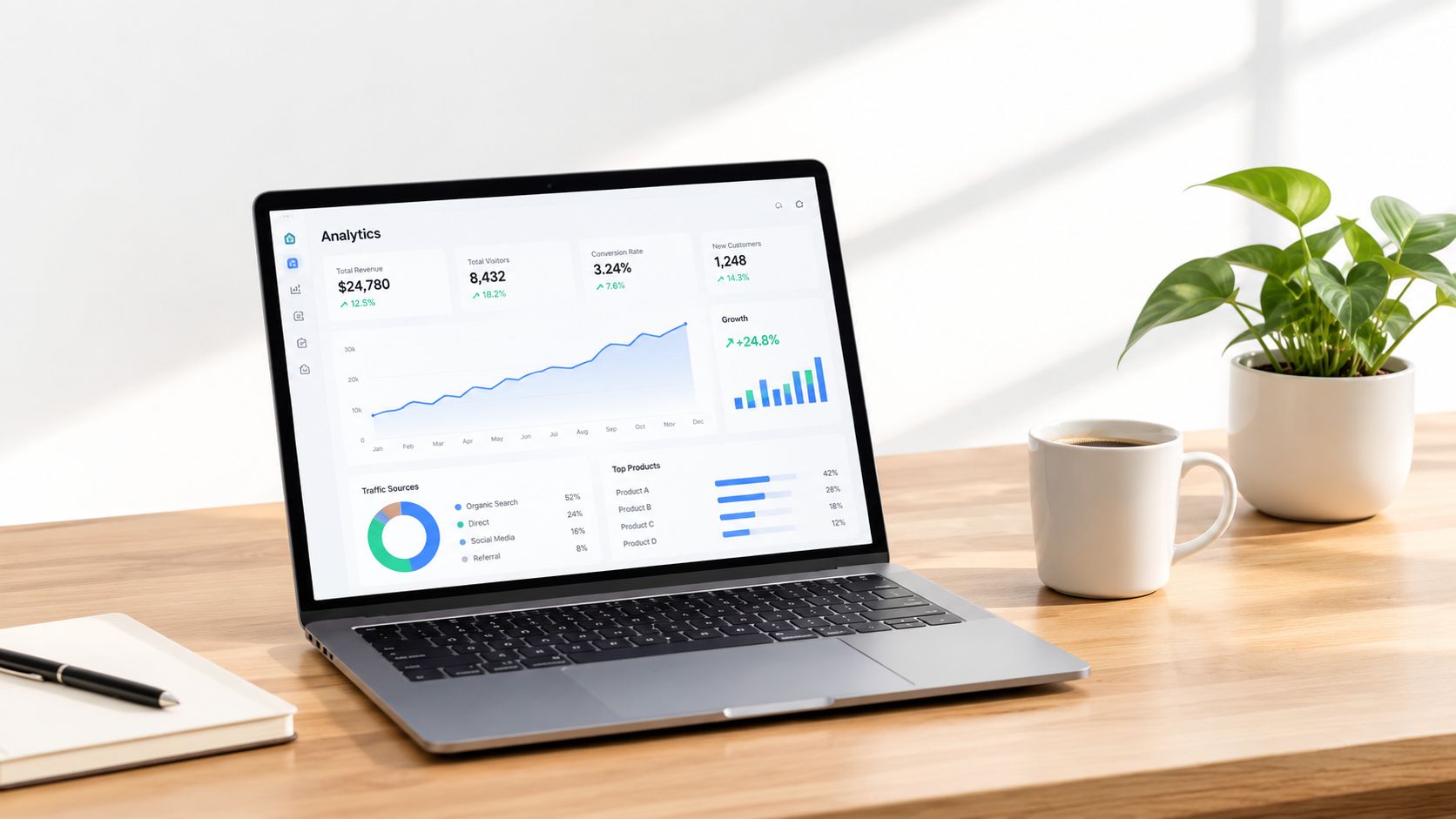 A modern laptop on a wooden desk showing business analytics dashboard with charts and growth metrics