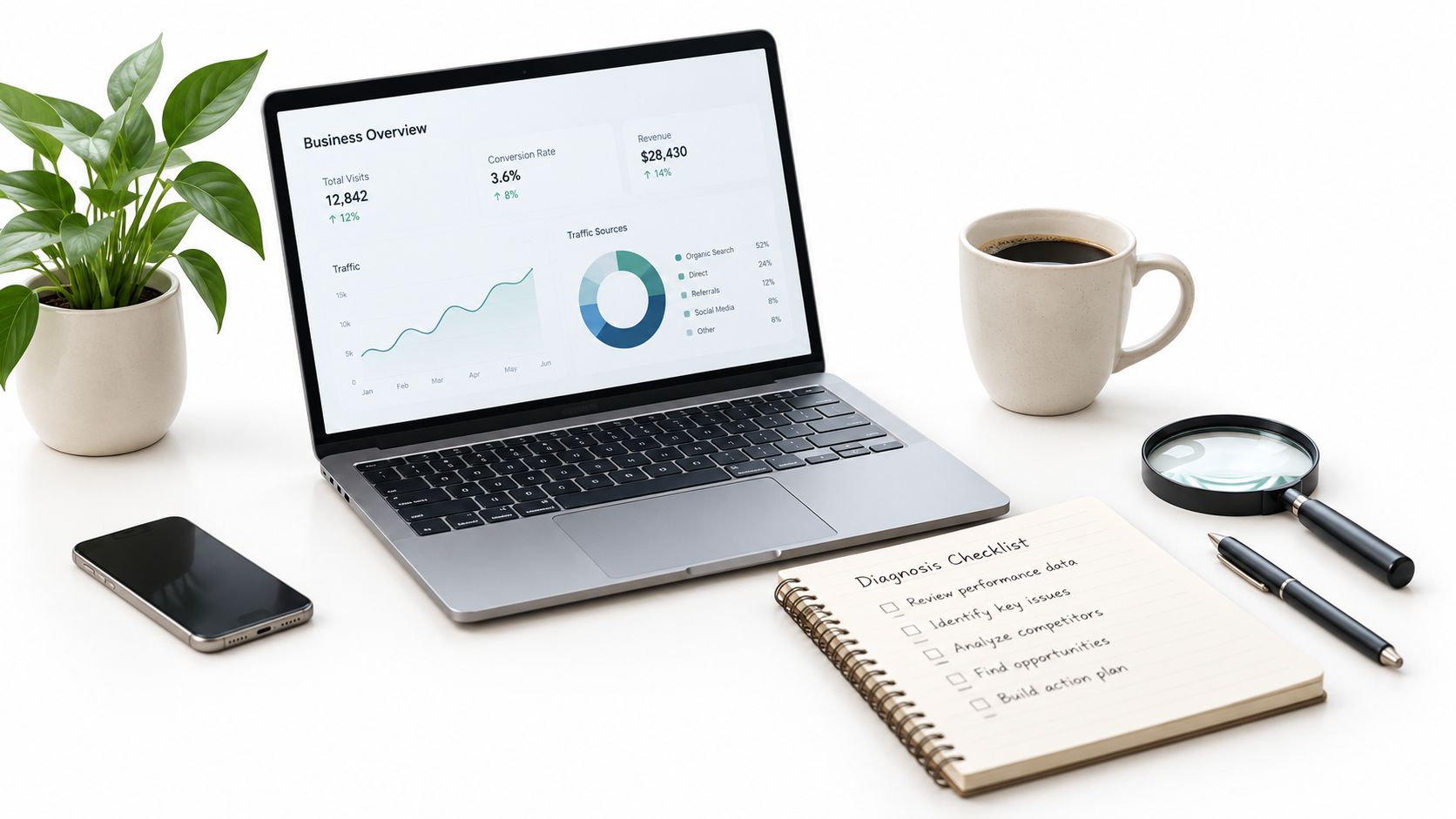A modern workspace featuring a laptop showing business analytics, a smartphone, a coffee mug, and a checklist.