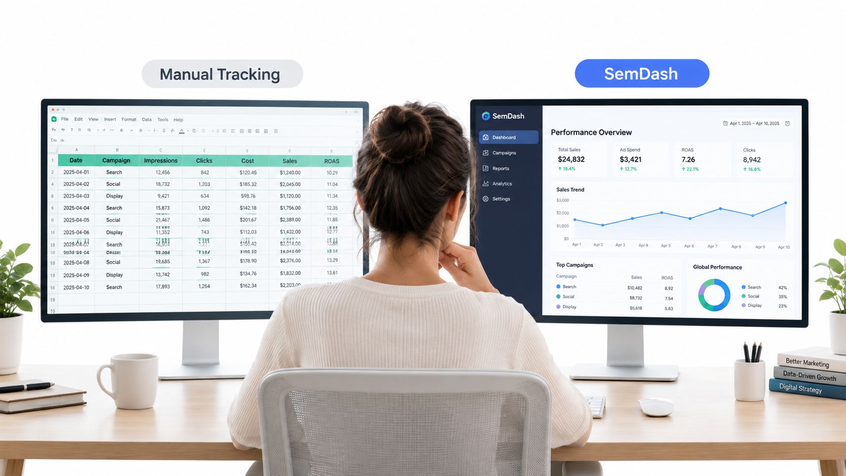 A woman working at a desk comparing a manual spreadsheet to an automated SemDash marketing analytics platform.