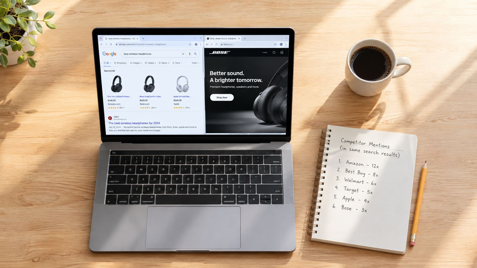 A top-down view of a laptop displaying a search engine and Bose website alongside a notebook