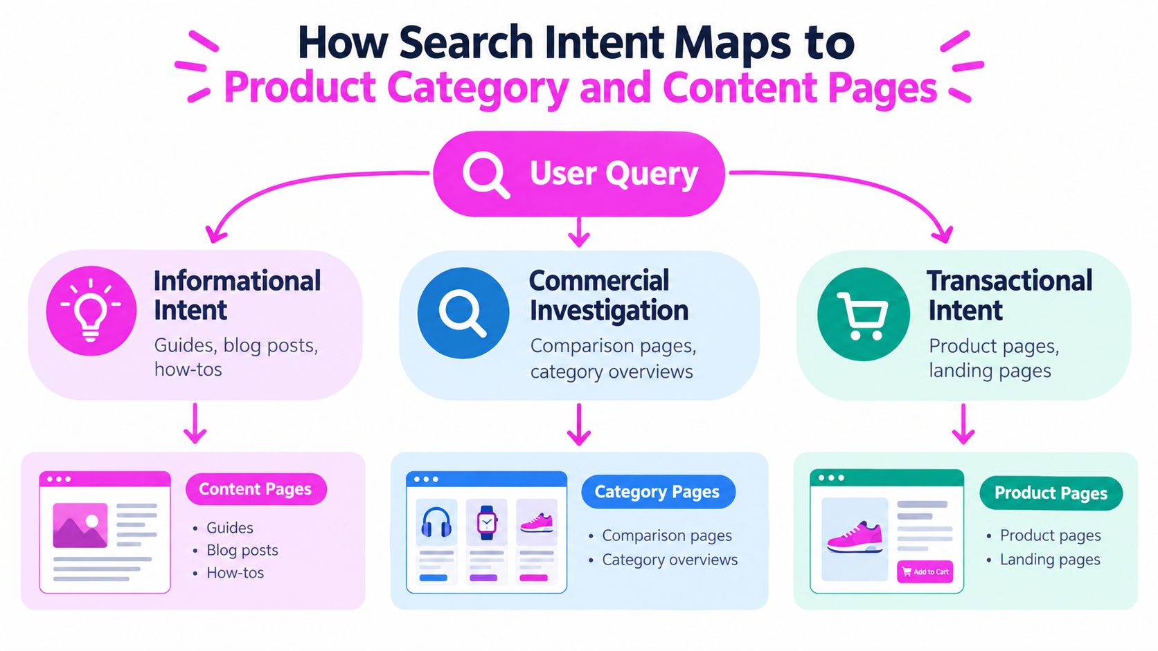 A diagram illustrating how different types of search intent map to various website page types and content.