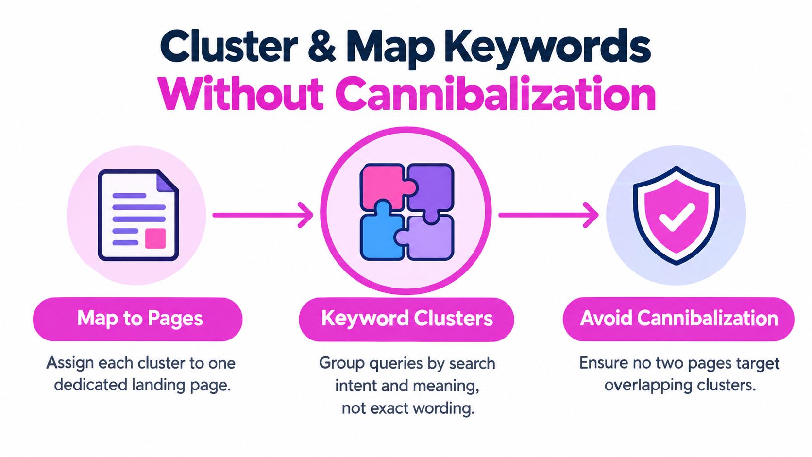 A diagram illustrating the SEO process of clustering keywords, mapping them to pages, and preventing cannibalization.