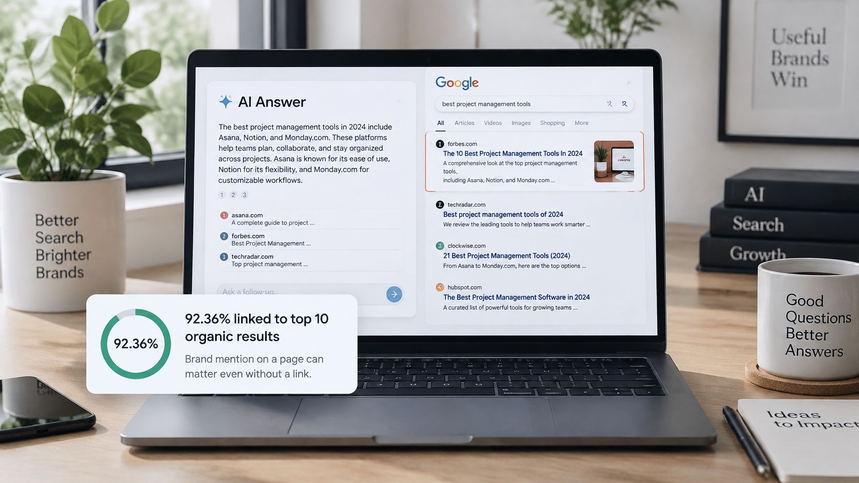 A laptop screen displaying Google search results featuring an AI answer box and organic links on a desk.