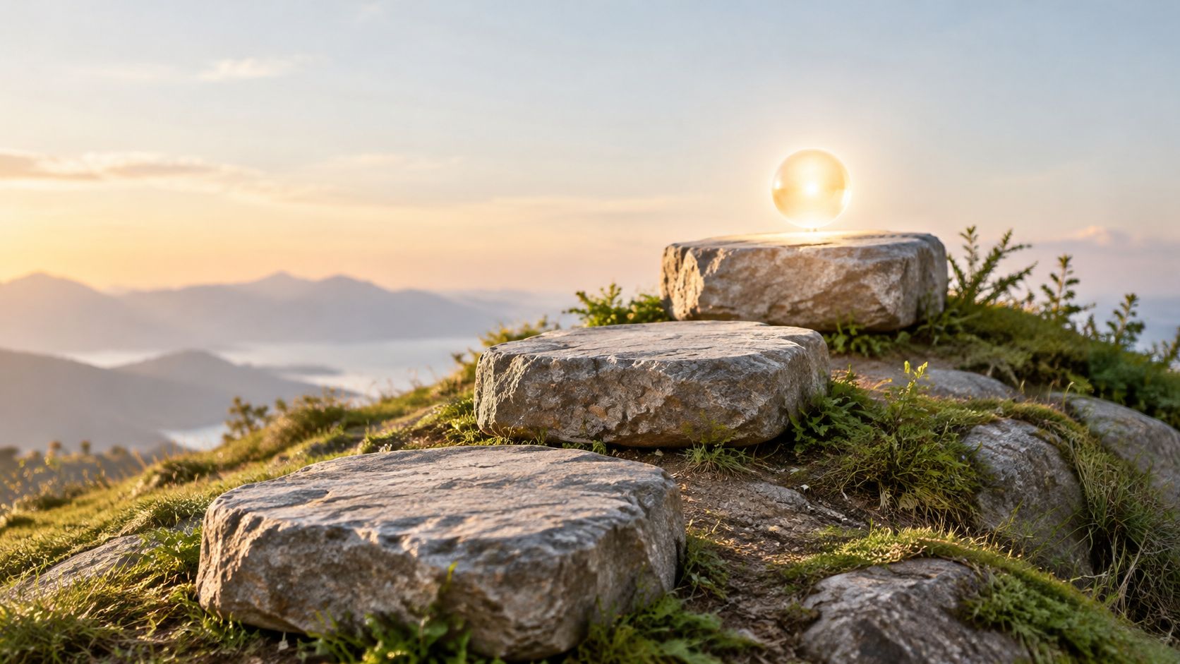 A serene stone staircase leading up to a glowing, mystical orb on a mountain top at sunset.