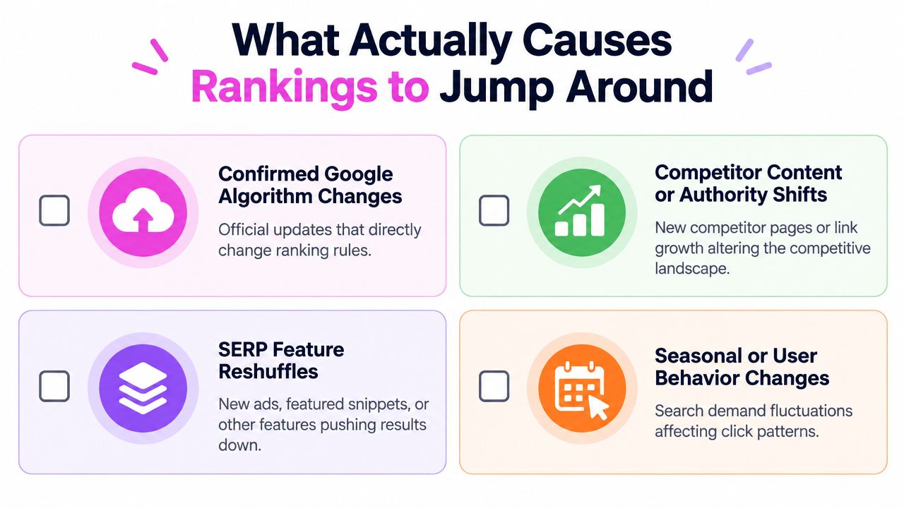An infographic titled What Actually Causes Rankings to Jump Around, listing four factors affecting search engine volatility.