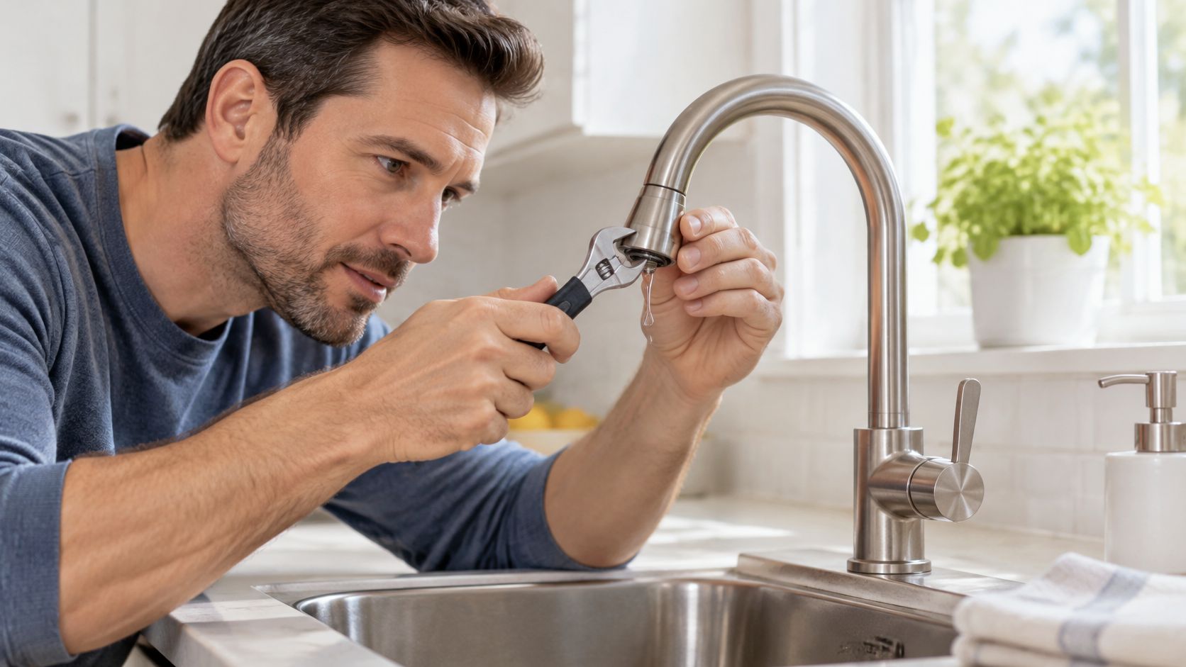 A man focused on repairing a leaky kitchen faucet with an adjustable wrench in a bright home.