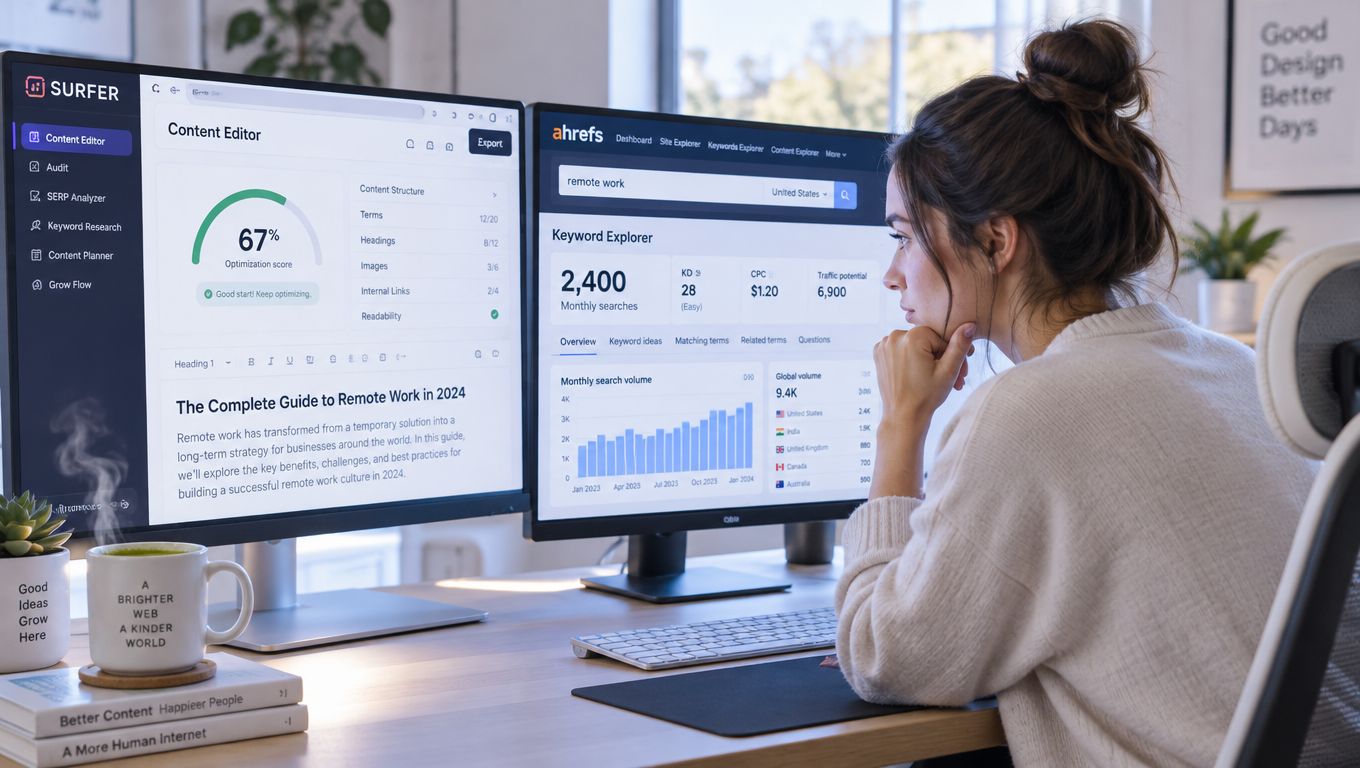 A woman working at a desk with two monitors displaying Surfer SEO and Ahrefs software interfaces.