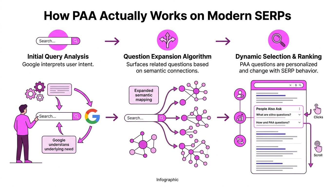 An infographic illustrating how the People Also Ask feature works on Google search results pages.