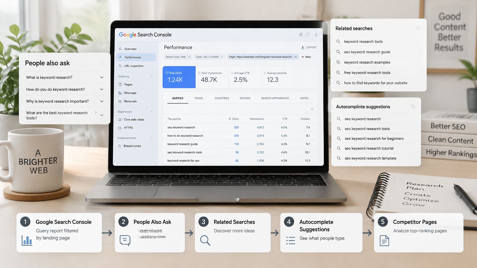 A laptop showing Google Search Console data alongside keyword research suggestions for optimizing website content and strategy.