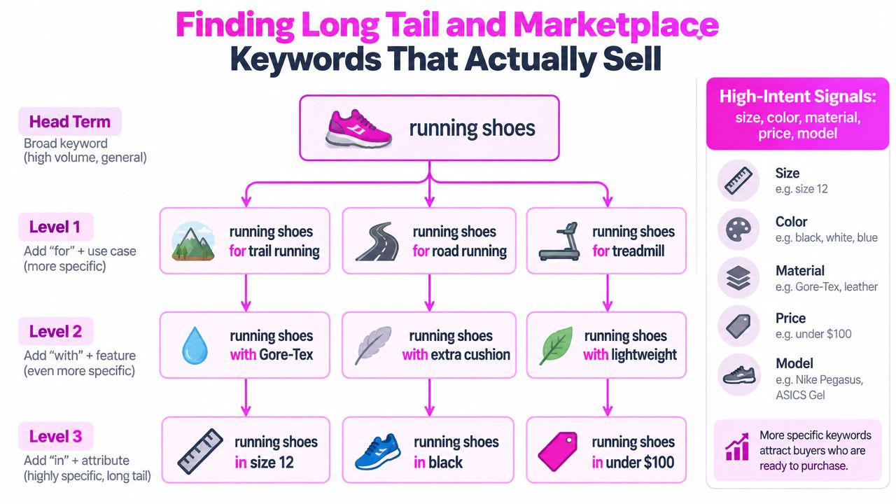 A flowchart demonstrating a strategy to build long-tail keywords for ecommerce products using a step-by-step methodology.