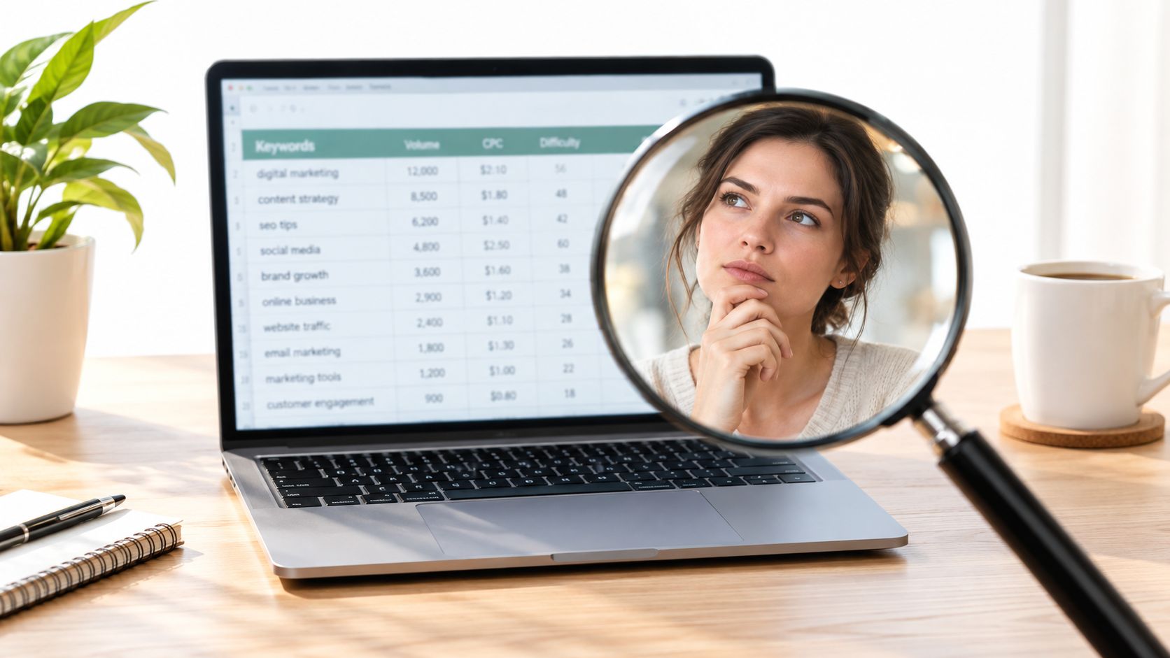 A woman looks thoughtful while being observed through a magnifying glass placed over a laptop screen.