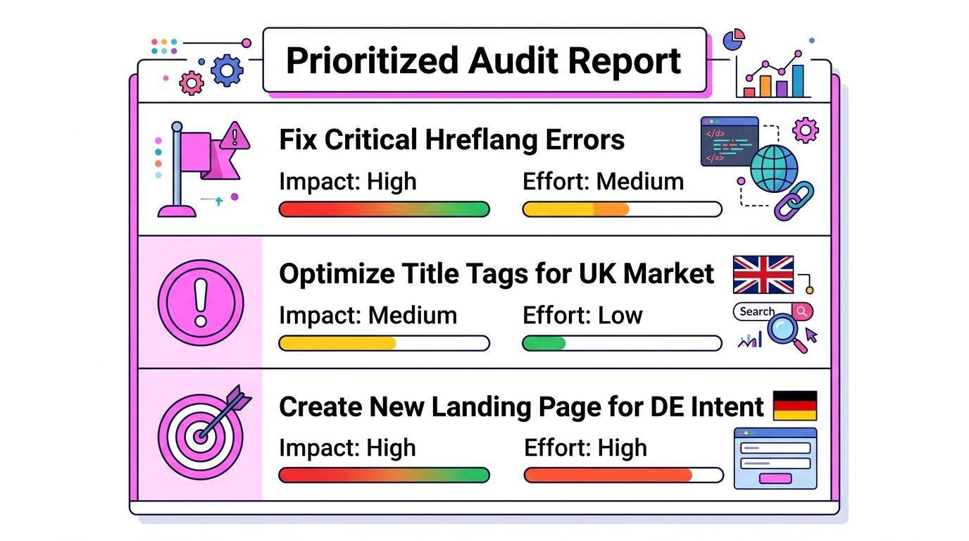 A visual prioritized SEO audit report showing tasks like fixing hreflang errors, optimizing title tags, and creating landing pages.