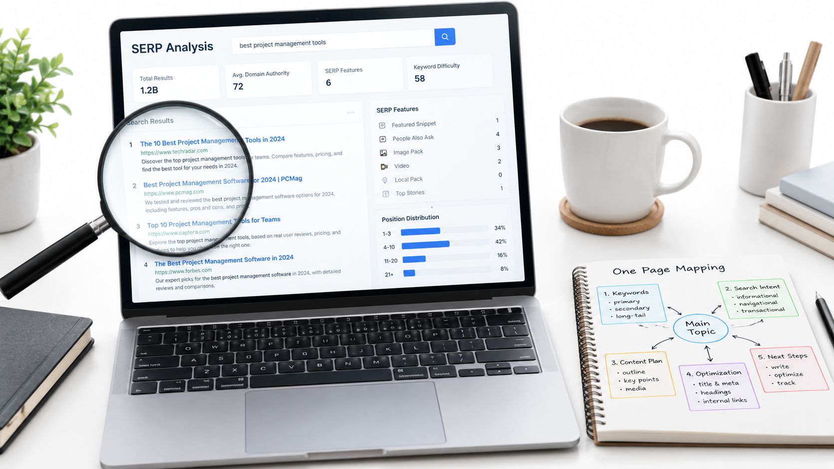 A laptop displays SERP analysis data while a notebook shows a one-page content mapping strategy diagram.