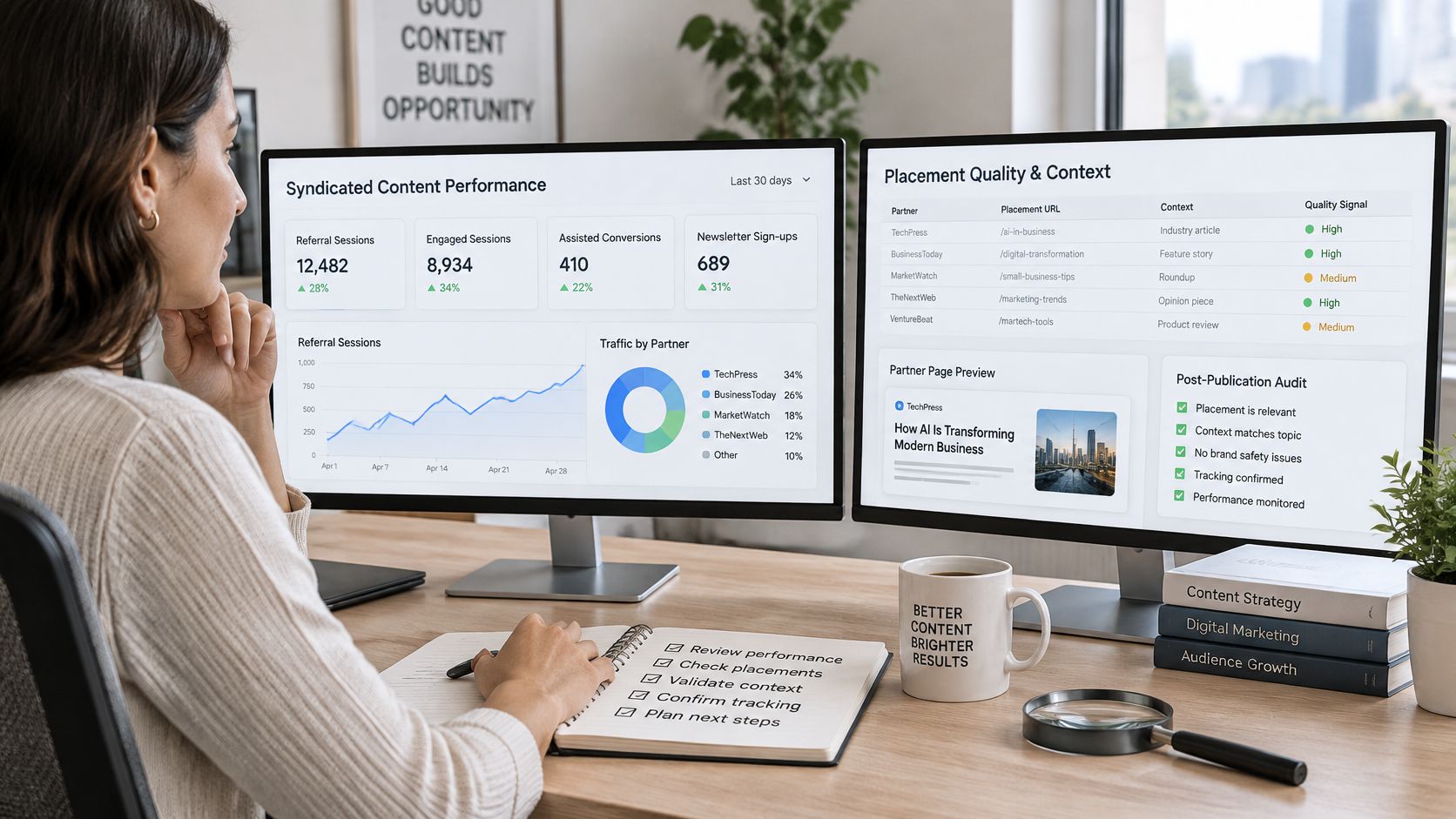 A professional woman reviewing digital content syndication analytics and performance dashboards on dual computer monitors at her desk.