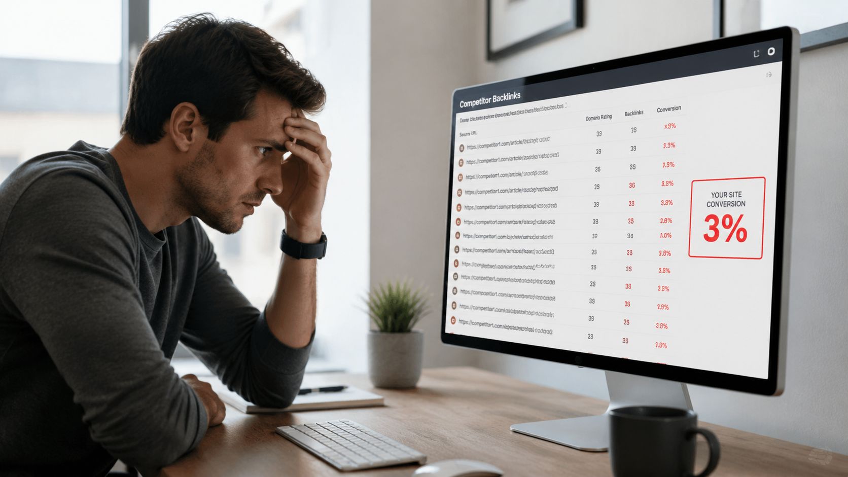 A stressed man looking at a computer screen displaying a competitor backlink analysis table and conversion rates.
