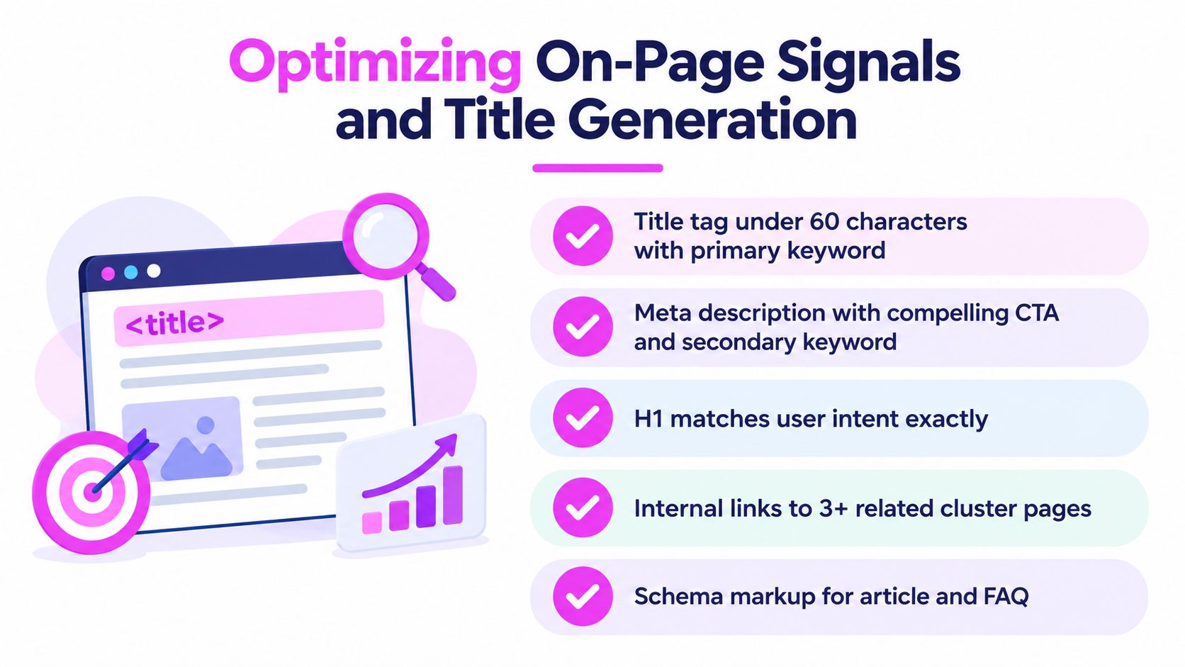 A graphic showing tips for optimizing on-page SEO signals and generating effective website page titles.