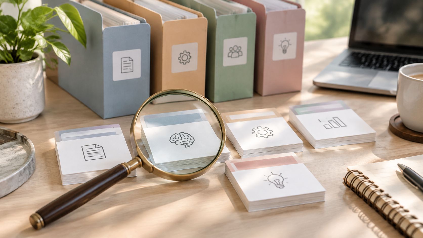 A magnifying glass focusing on a stack of cards with a brain icon on a workspace.
