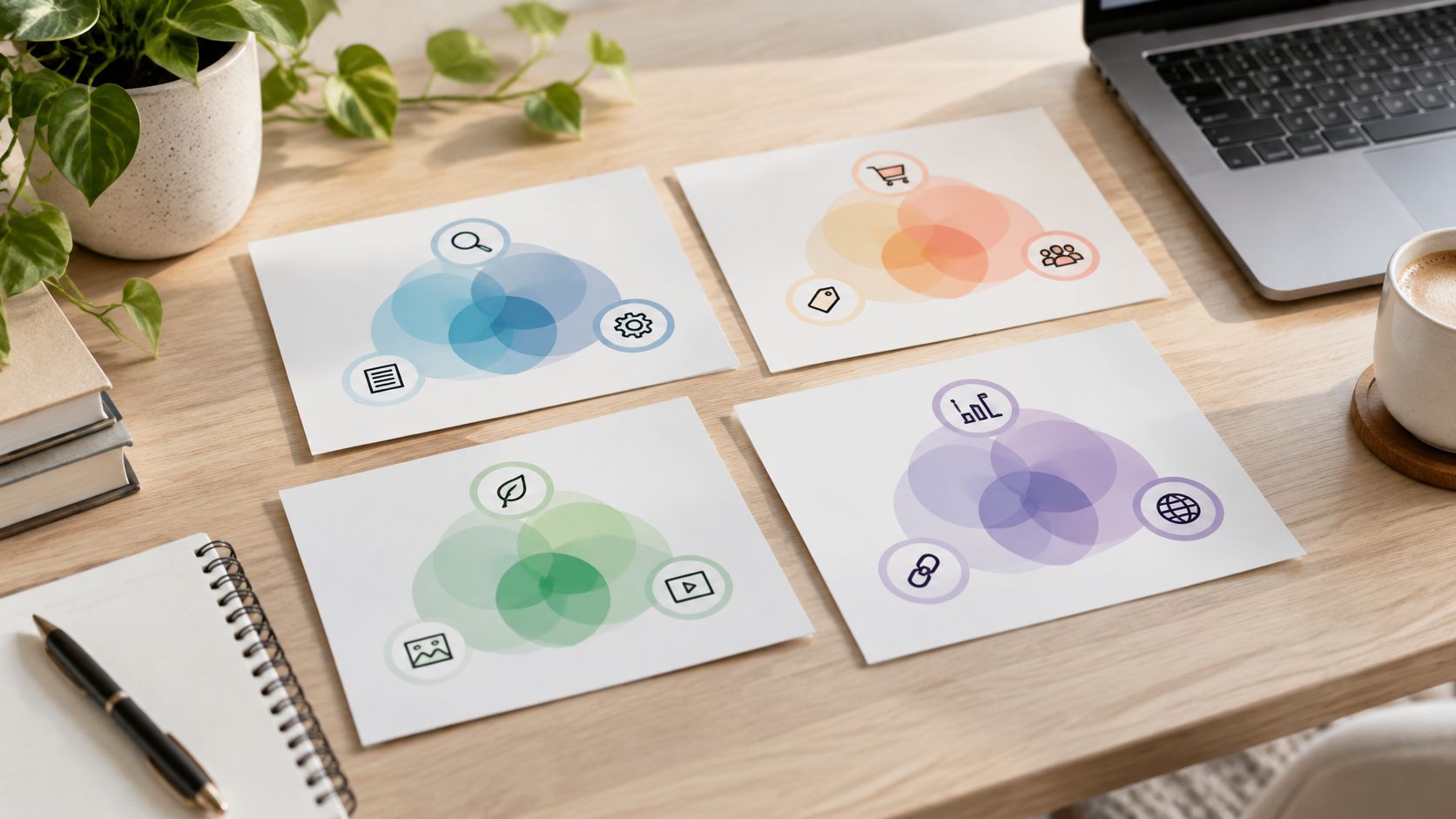 Four printed Venn diagrams on a wooden office desk next to a laptop and a notebook.