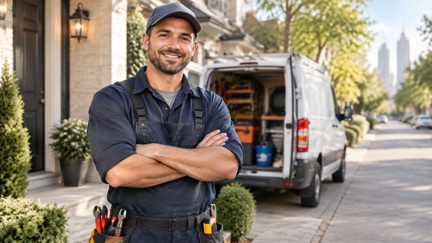 A smiling professional plumber or technician wearing blue work overalls and a cap stands outside a suburban house.
