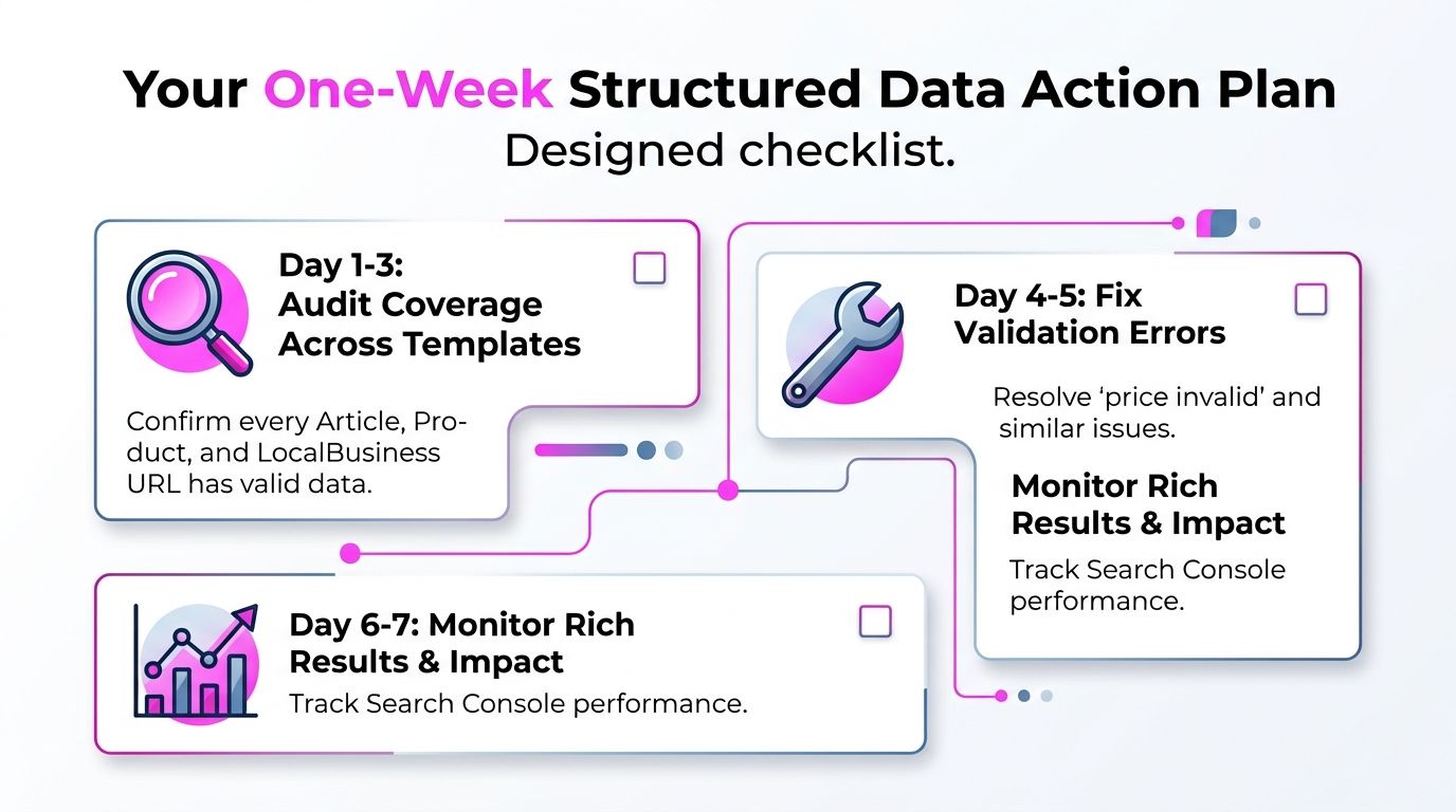 A visual checklist outlining a seven-day structured data action plan for improving SEO performance and data validation.
