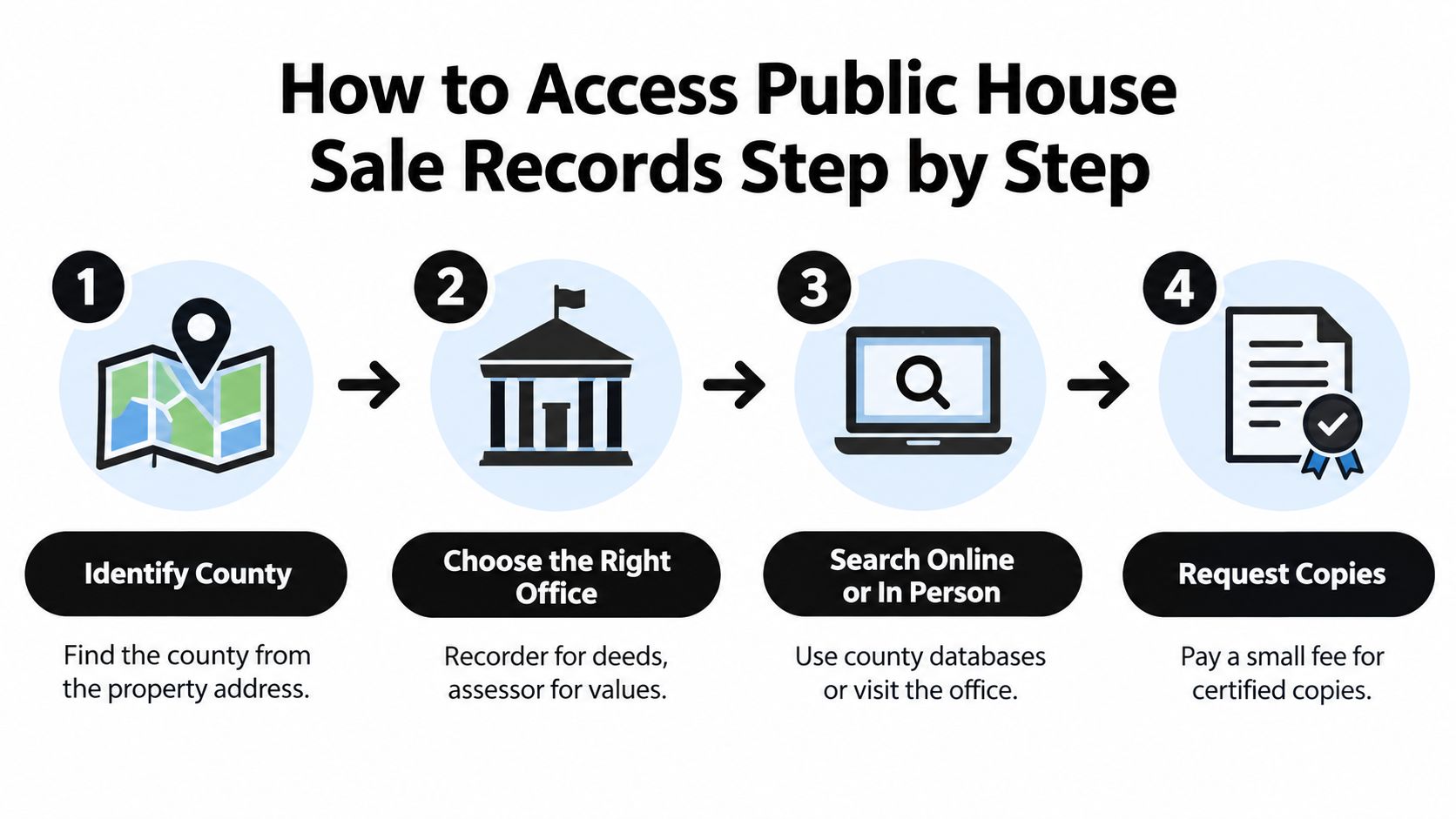 An infographic showing four steps on how to access public house sale records from government offices.