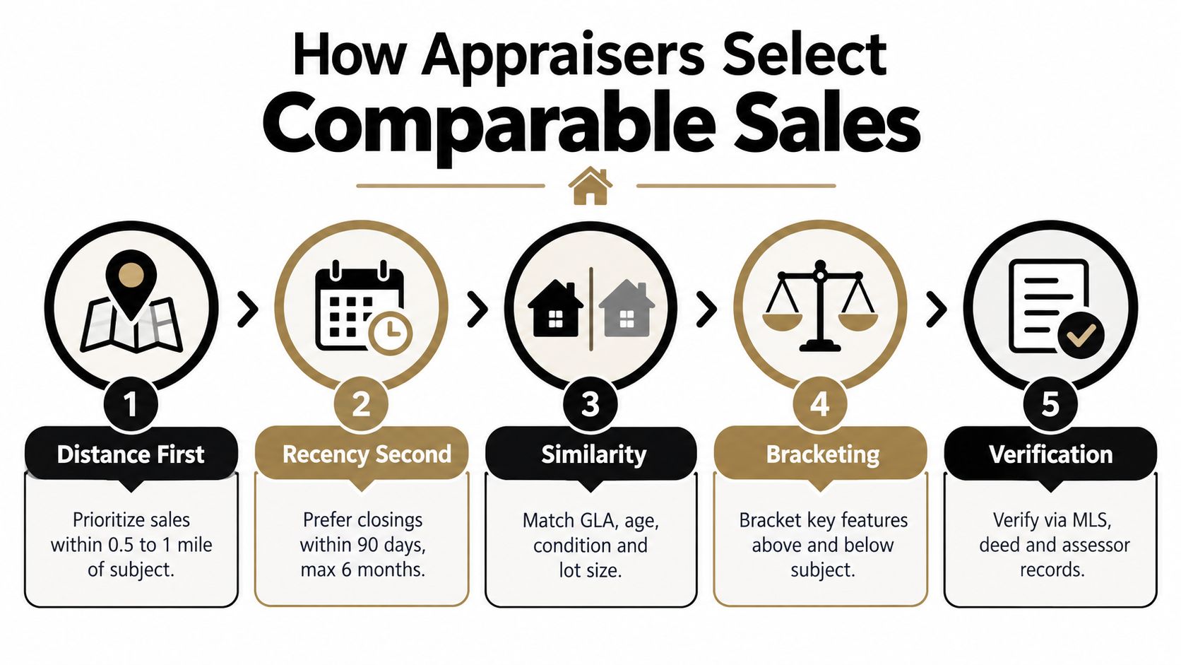 A five-step infographic showing how professional appraisers select comparable real estate sales for property valuation.